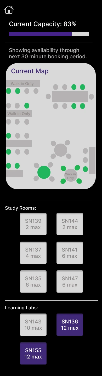 Brynne Delaney’s dark interface shows overall capacity, a floor plan with green available seats, and study room choices.