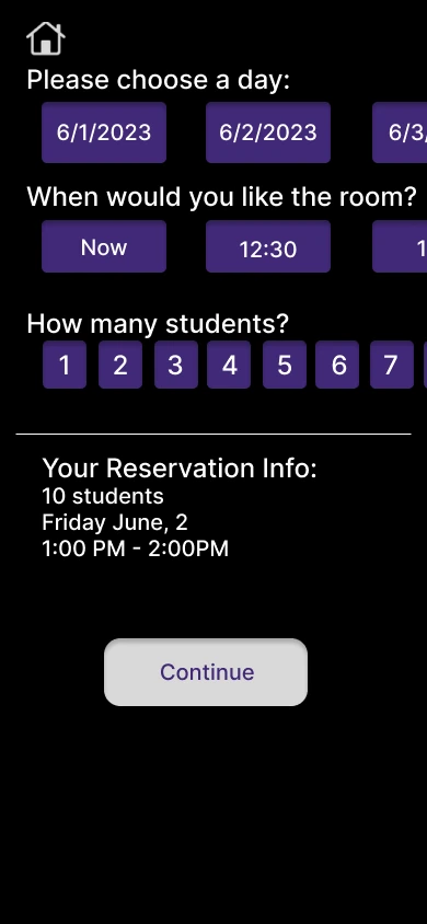 Brynne’s group reservation screen asks when the group will meet and how many students need a room.