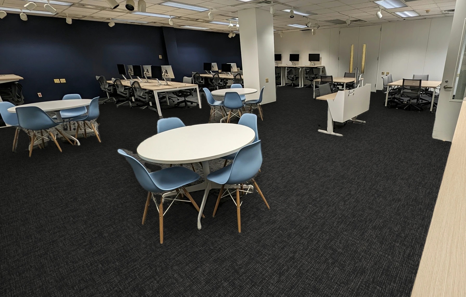 Historical Bentley simulation showing Multiplay II Easter Eggs carpet in the Co-Lab reference room