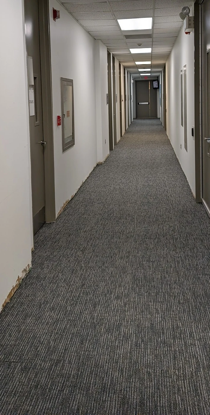 Dark linear carpet running down a long corridor with unfinished wall base