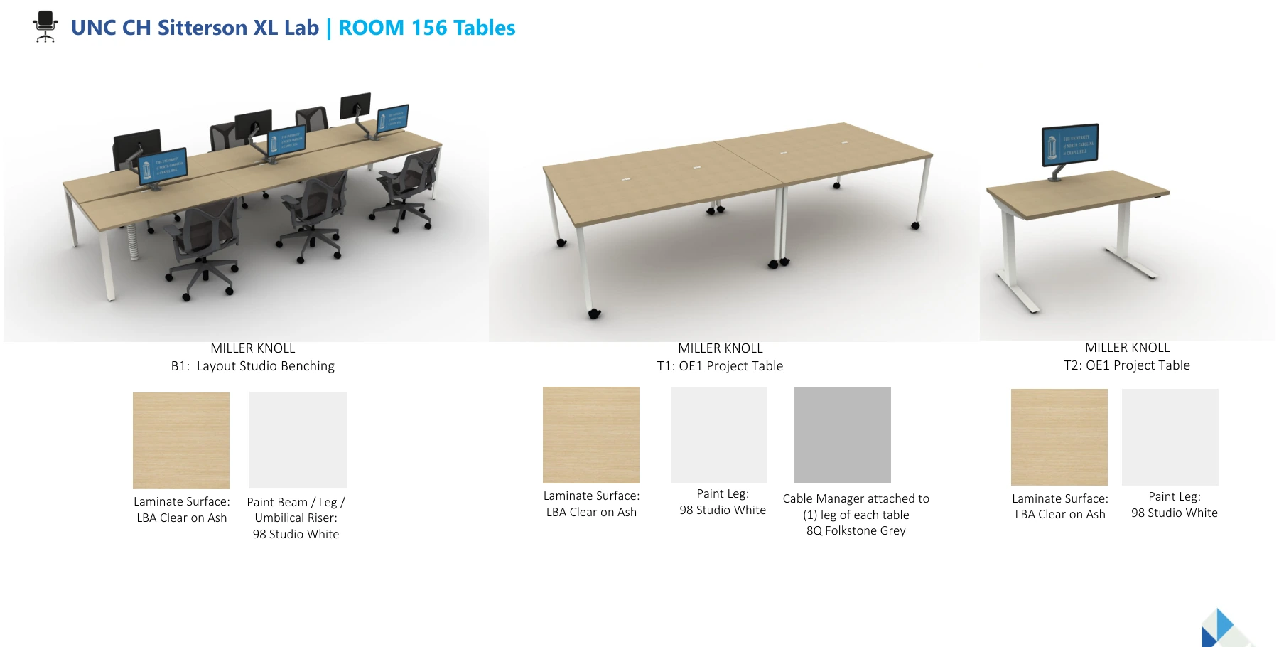March 31 furniture sheet with ash tops, white metal bases and light cable management