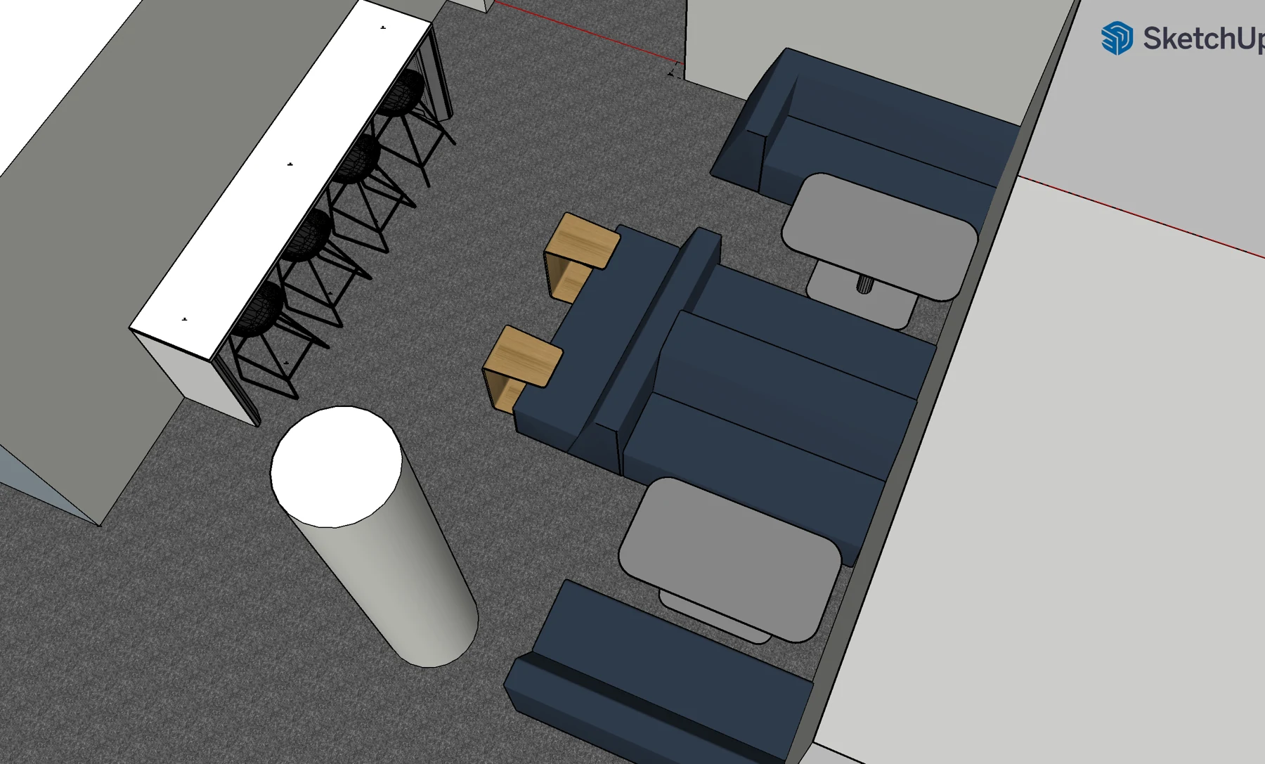 A rough overhead lounge study with sectional seating, small tables and a counter along the opposite wall.