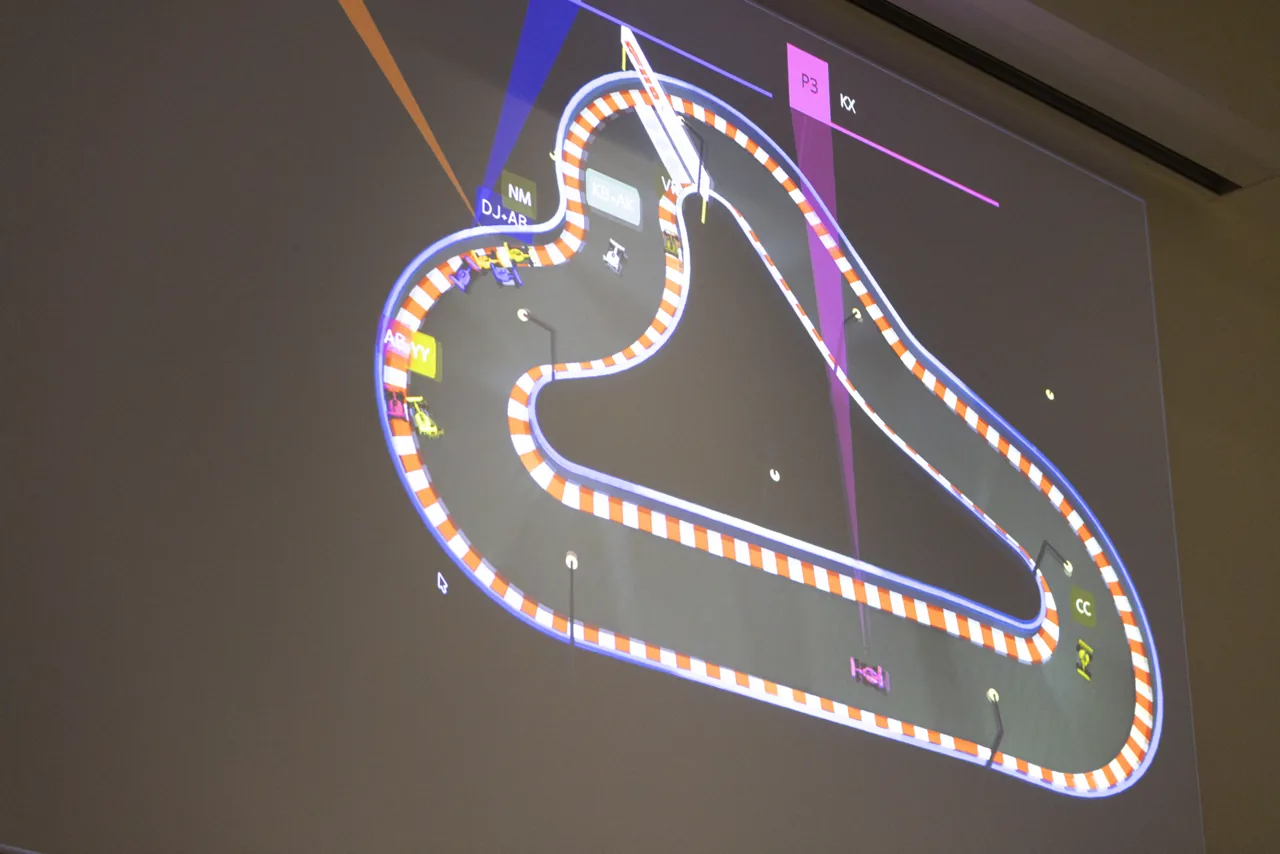 A close view of the race circuit projected onto the lecture hall screen