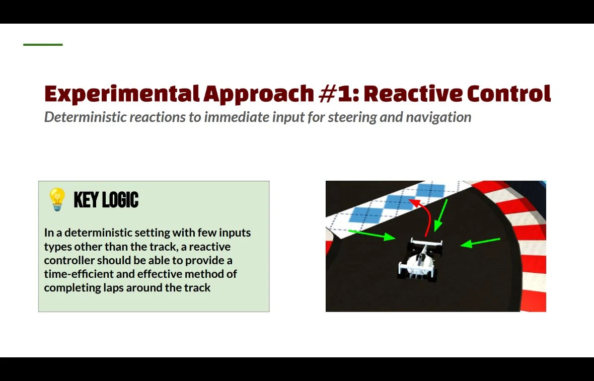 COMP590 presentation slide on reactive control with a car and arrows indicating immediate steering decisions
